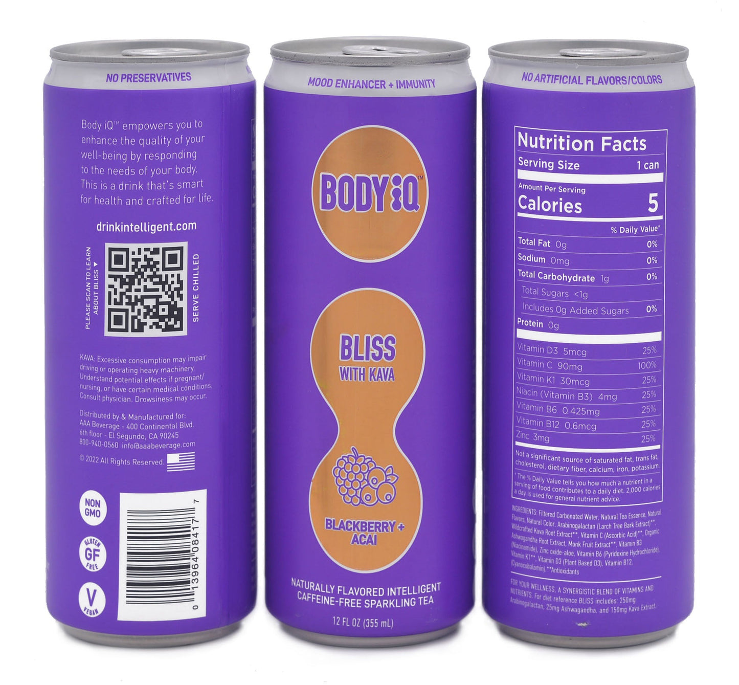 Body iQ - BLISS Caffeine Free Sparkling Water (Hibiscus Elderberry with tea essence, 12 Pack Case)