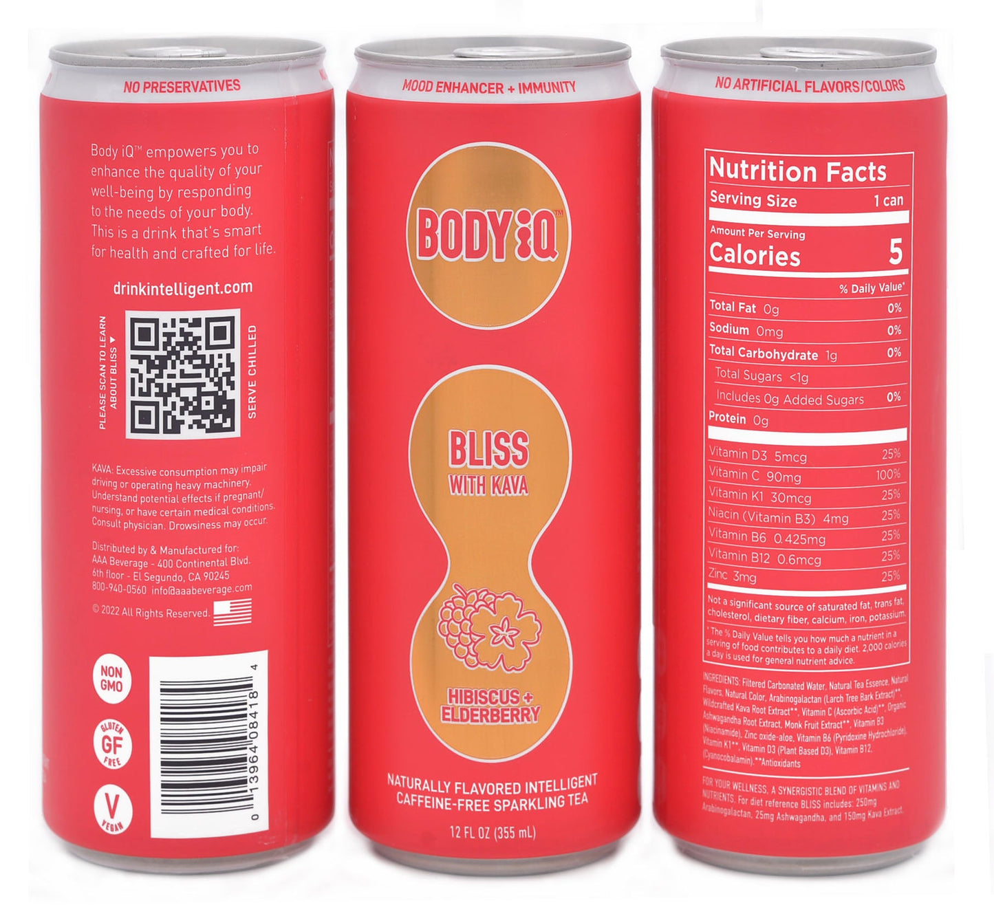 Body iQ - BLISS Caffeine Free Sparkling Water (Hibiscus Elderberry with tea essence, 12 Pack Case)