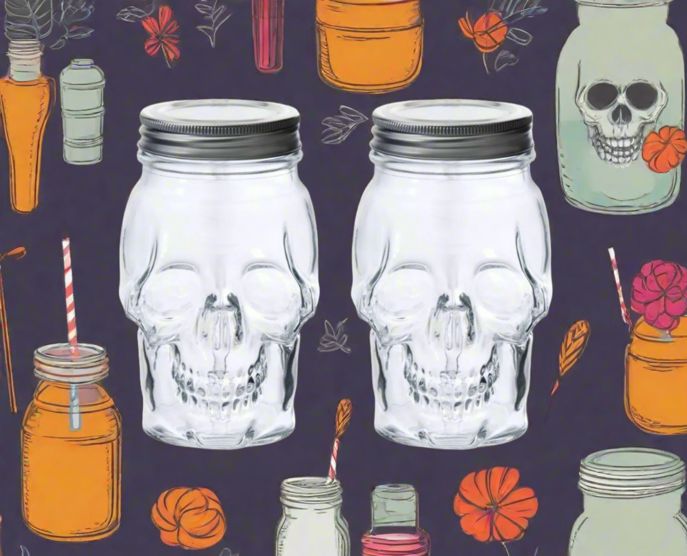 Dura Living - Skull Mason Jar with Lid-16 oz Clear 2-Pack