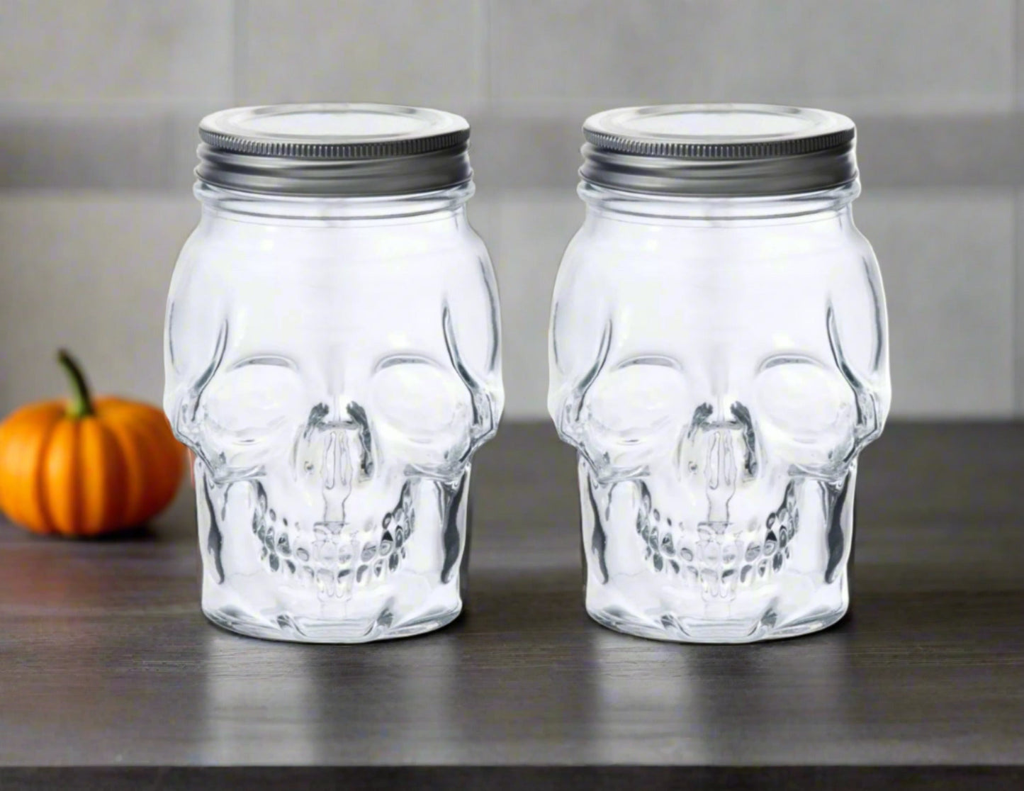 Dura Living - Skull Mason Jar with Lid-16 oz Clear 2-Pack