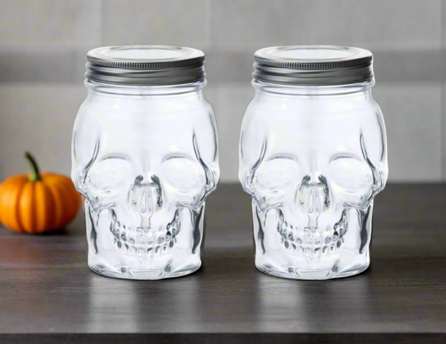 Dura Living - Skull Mason Jar with Lid-42 oz Clear 2-Pack