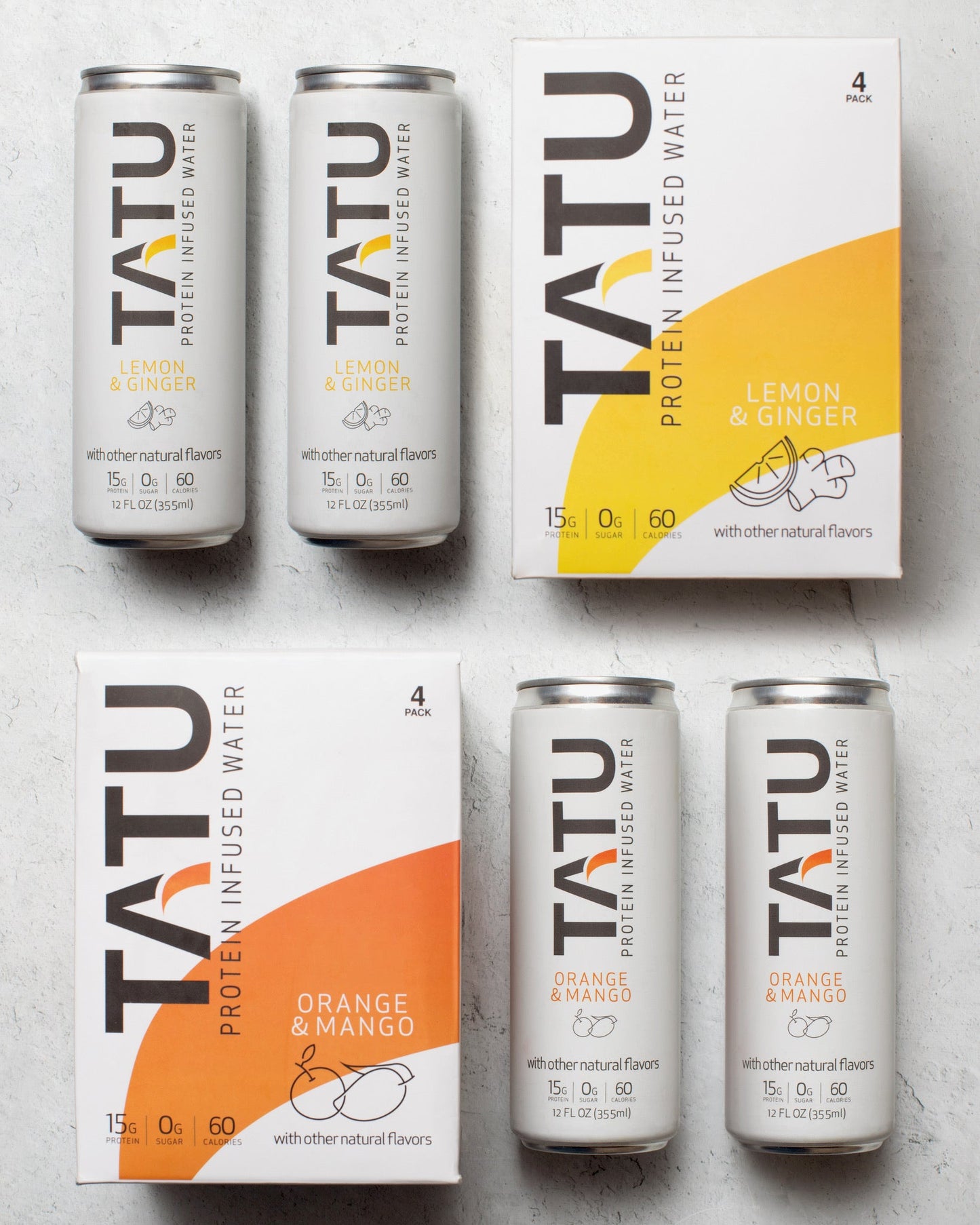 Mindful Proteins TATU Protein Water Juicy Orange Mango & Zesty Lemon Ginger - two 4-packs of Zesty Lemon Ginger & one 4-pack of Juicy Orange Mango