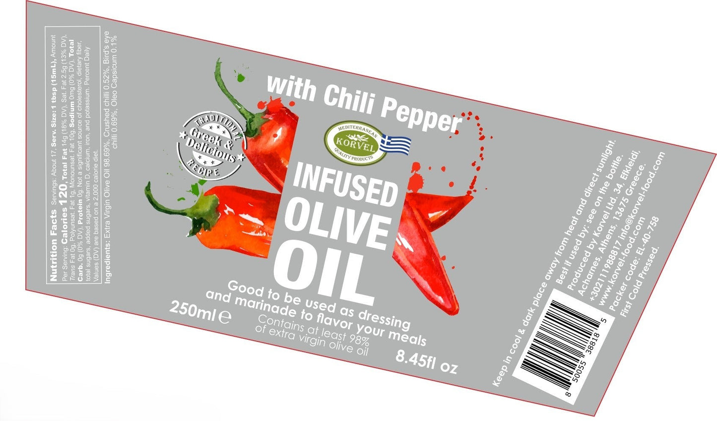 KORVEL Greek Extra Virgin Olive Oil with Chili Pepper, Amphora 8.45 fl oz - 2 pack