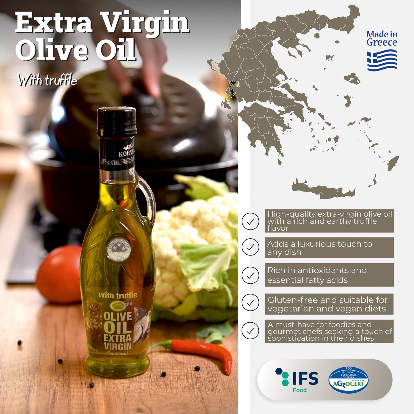 KORVEL Greek Extra Virgin Olive Oil with Truffle-flavored, Amphora 8.45 fl oz - 6 pack