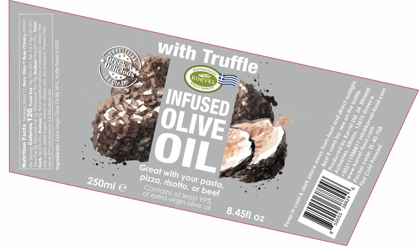 KORVEL Greek Extra Virgin Olive Oil with Truffle-flavored, Amphora 8.45 fl oz - 6 pack
