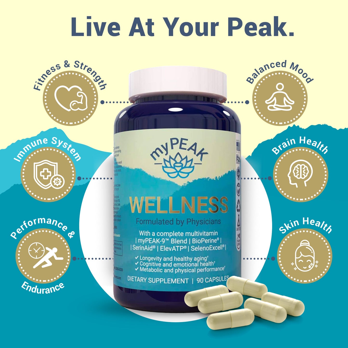 myPEAK Wellness: The Best Vegan Multivitamin for Men, Women & Seniors with ElevATP® Ancient Peat Extract to Support Strength, Immunity, Fitness, Performance, Endurance, Focus, Memory, Mood, Anti-Aging, Stress-Reduction & Nutrition Benefits.