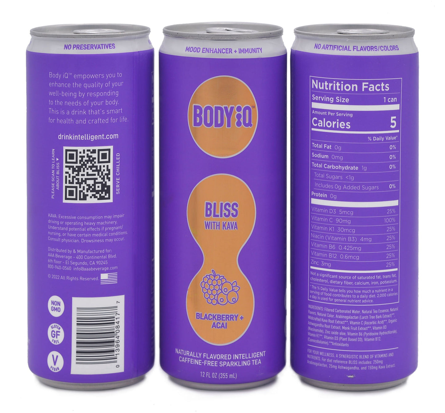 Body iQ - BLISS Caffeine Free Sparkling Water (Hibiscus Elderberry with tea essence, 12 Pack Case)