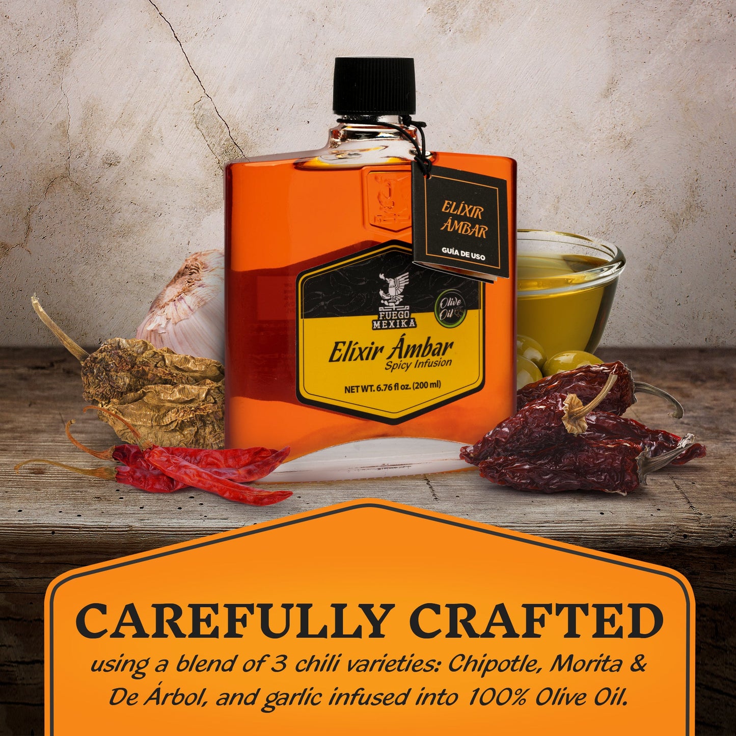 2-Pack Elixir Ambar - Chili & Garlic infused Olive Oil by FUEGO MEXIKA