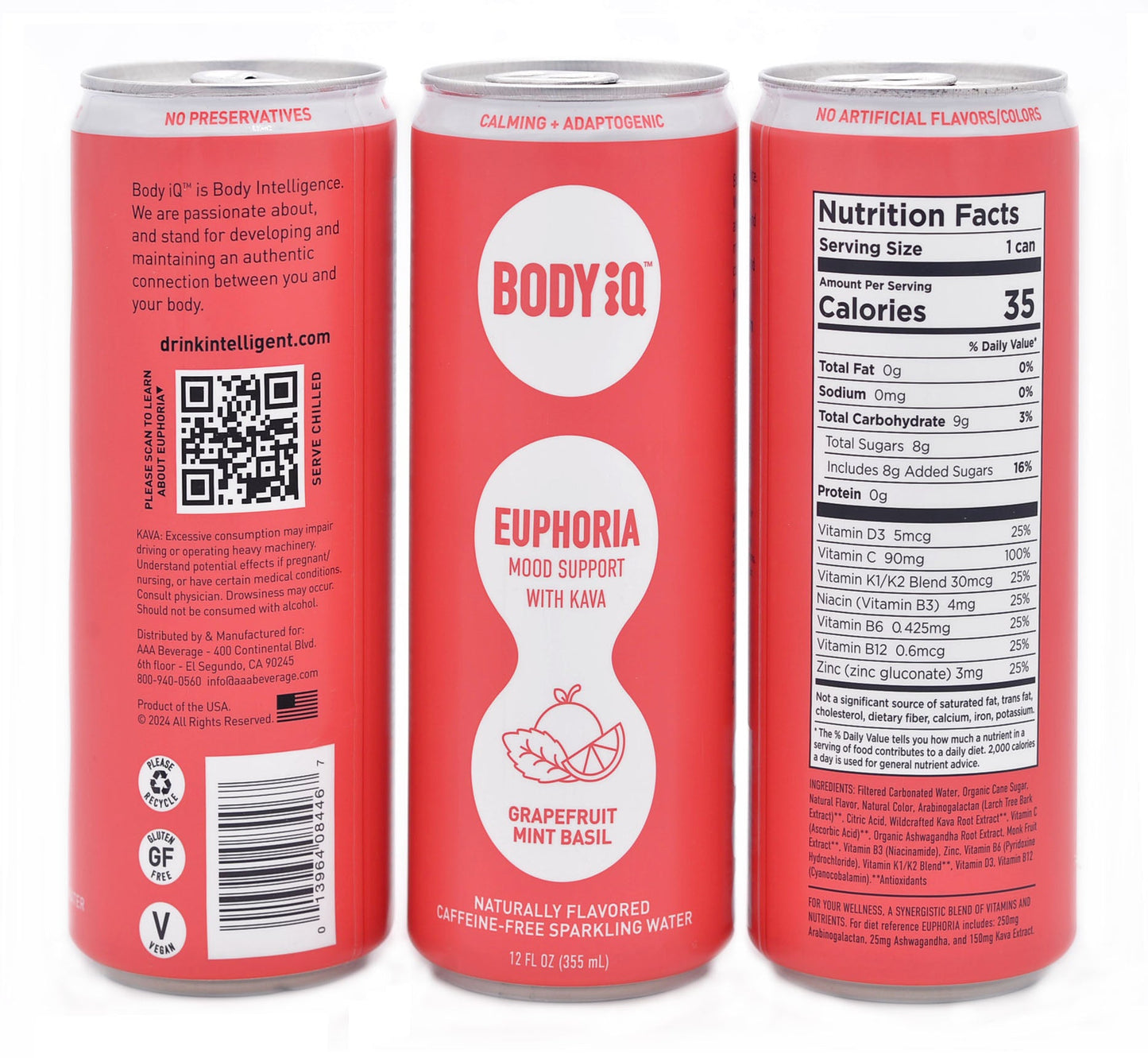 Body iQ – Euphoria Intelligent Sparkling Water, Vitamin Drink for Immune Support, Great Tasting Flavored Water for Relaxation, Grapefruit Mint Basil, 12-Pack