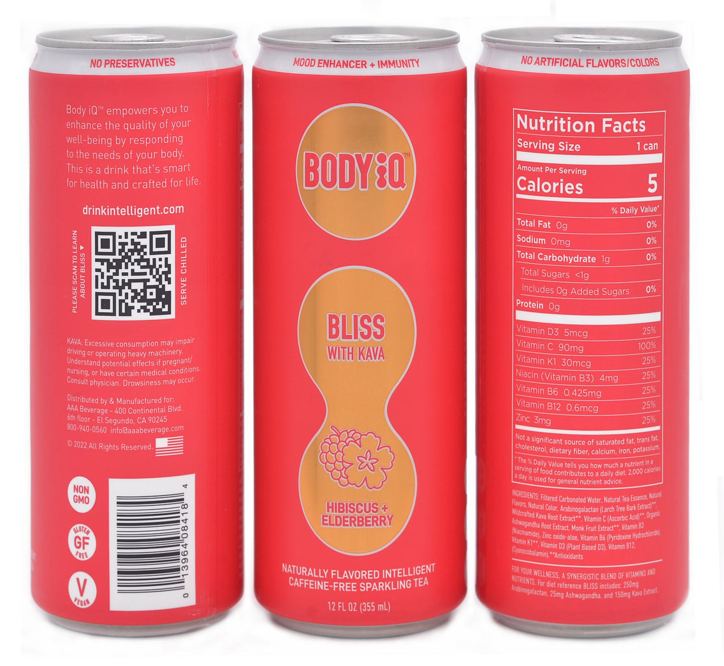Body iQ - BLISS Caffeine Free Sparkling Water (Hibiscus Elderberry with tea essence, 12 Pack Case)