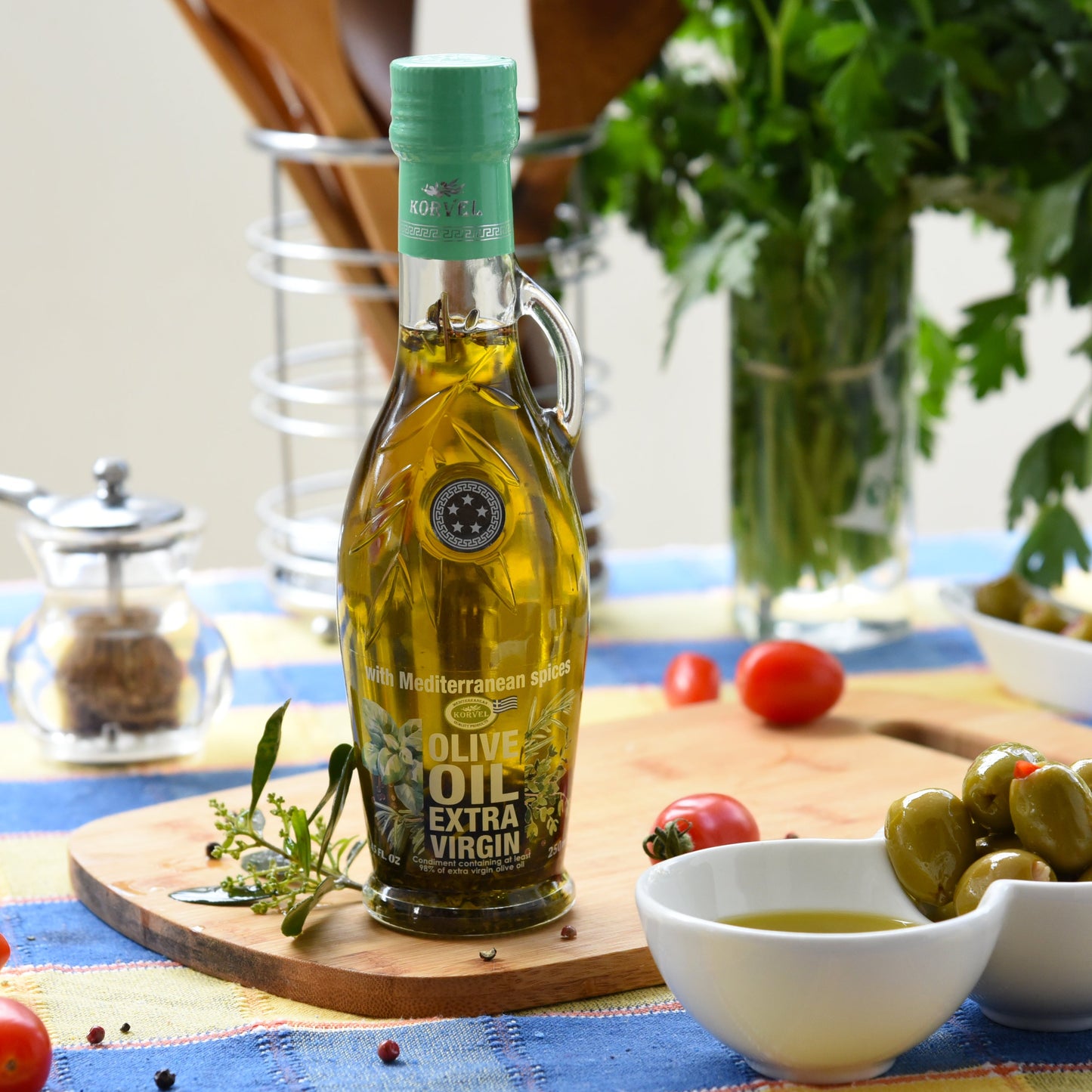 KORVEL Greek Extra Virgin Olive Oil with with Mediterranean herbs, Amphora 8.45 fl oz - 2 pack