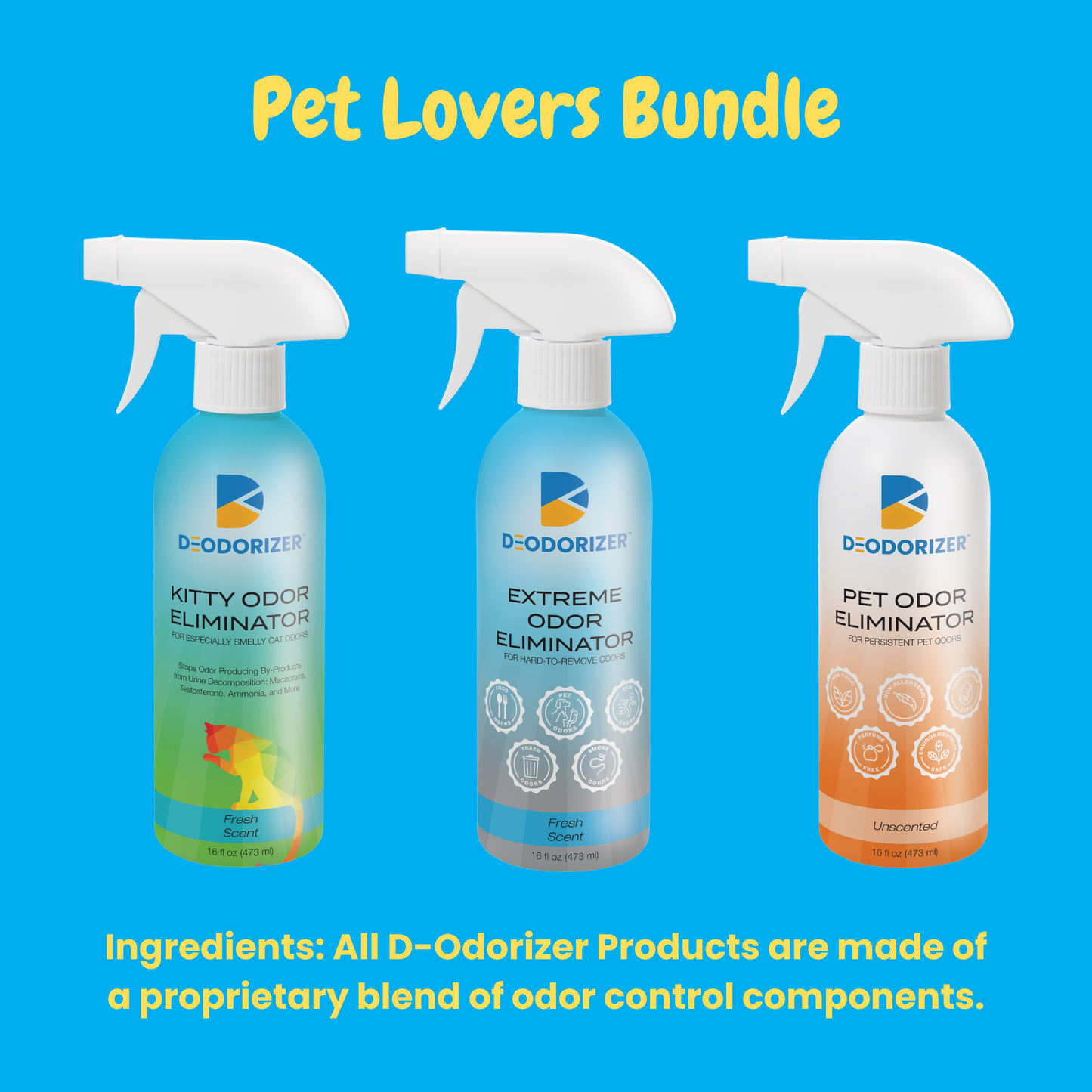 D-Odorizer - Extreme, Kitty, and Pet Odor Eliminator 16oz - 3 Pack