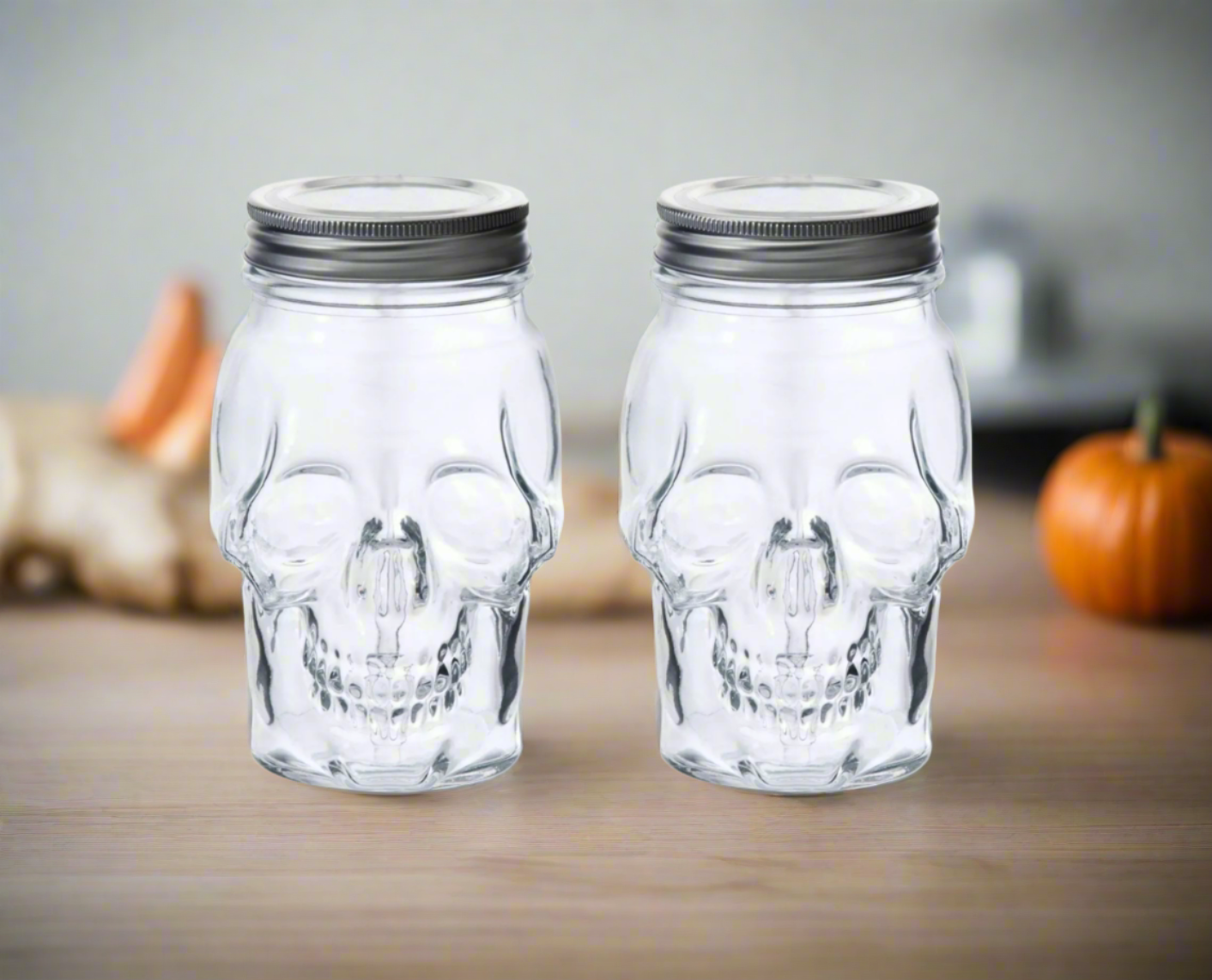 Dura Living - Skull Mason Jar with Lid-16 oz Clear 2-Pack