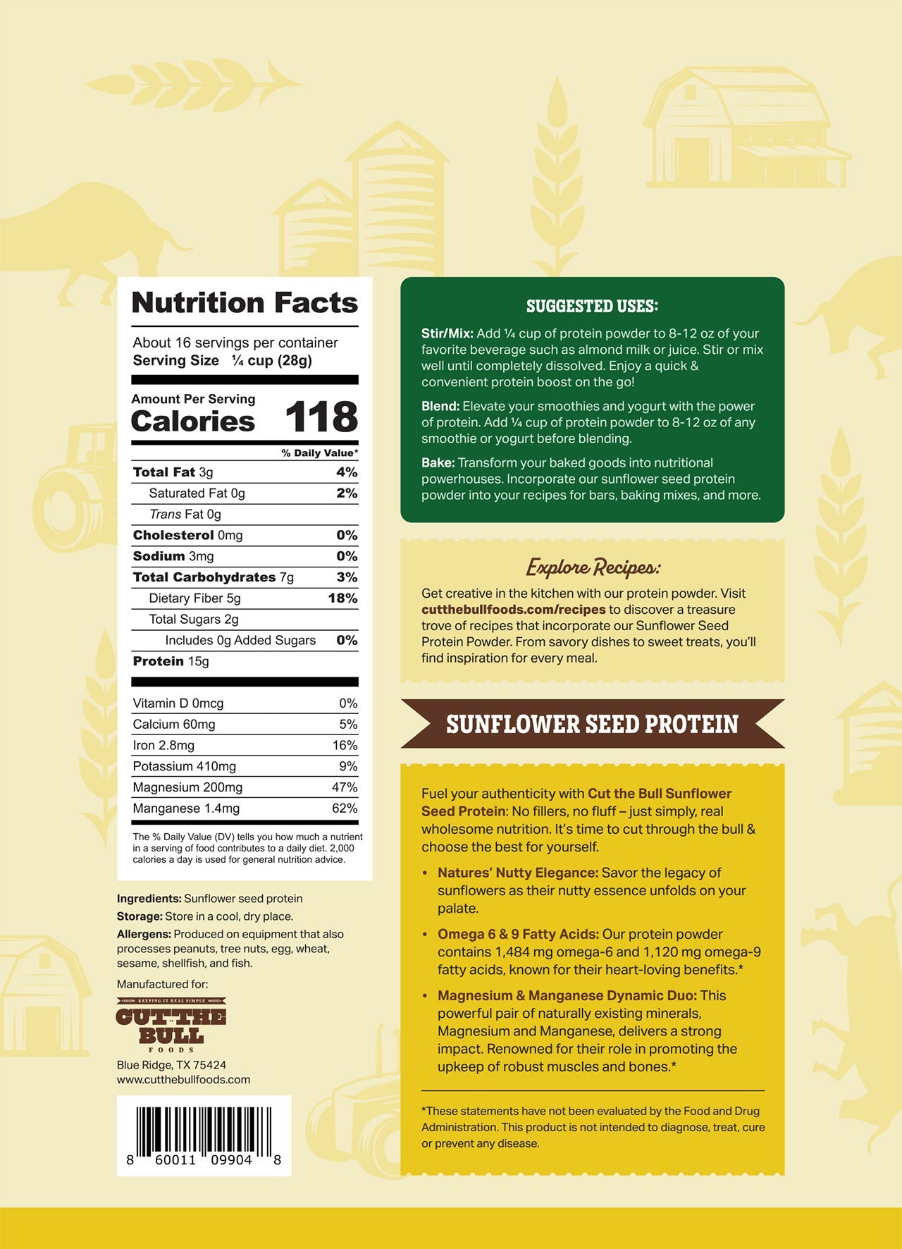 Cut the Bull Sunflower Seed & Brown Rice Protein Powders 1 lb each - 6 pack combo