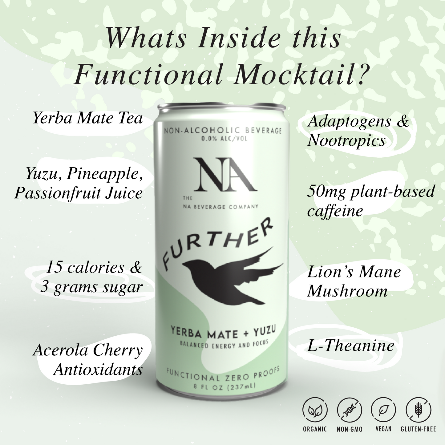 NA Functional Mocktail, Yerba Mate Yuzu, Energy & Focus, 8.4oz (12 Pack)