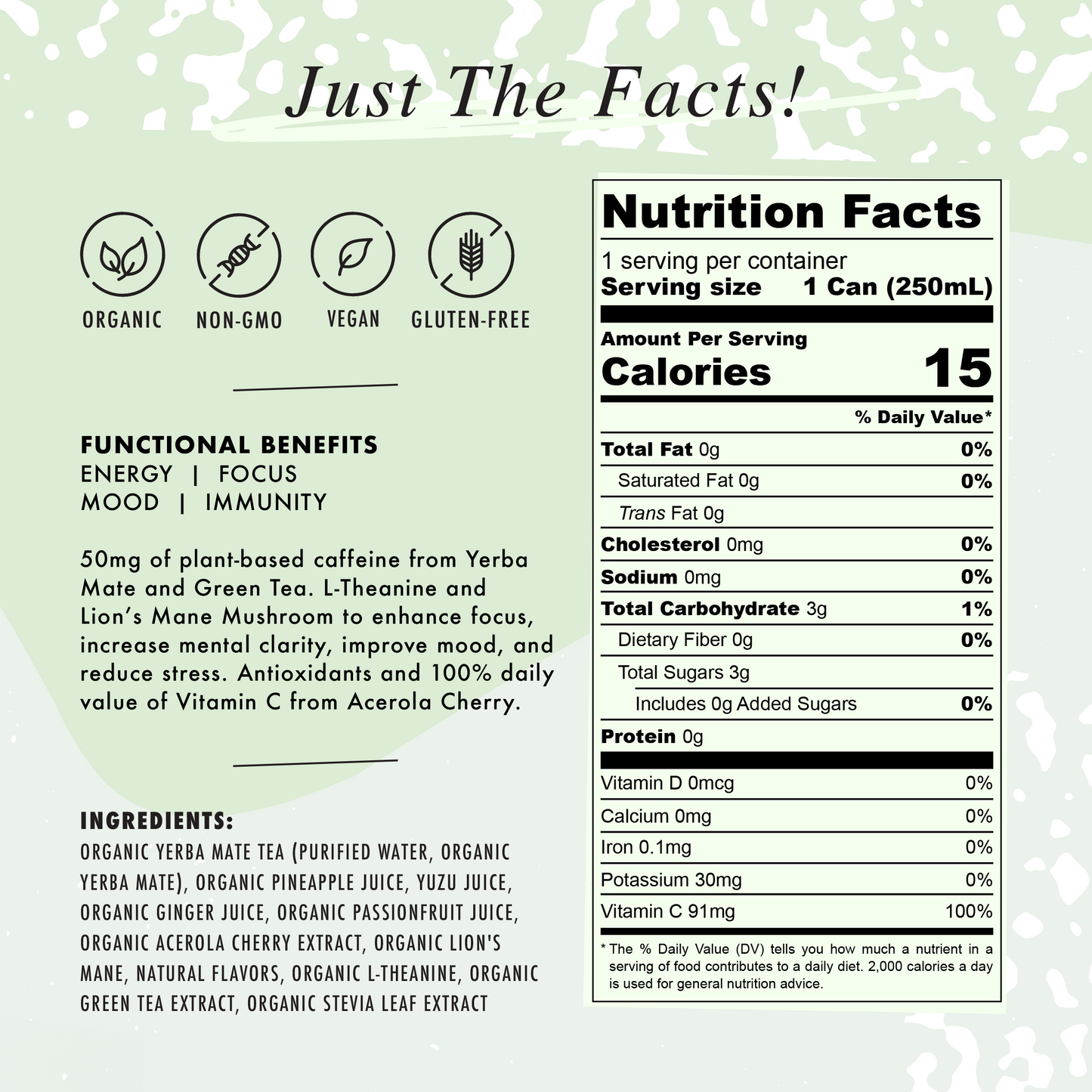 NA Functional Mocktail, Yerba Mate Yuzu, Energy & Focus, 8.4oz (12 Pack)