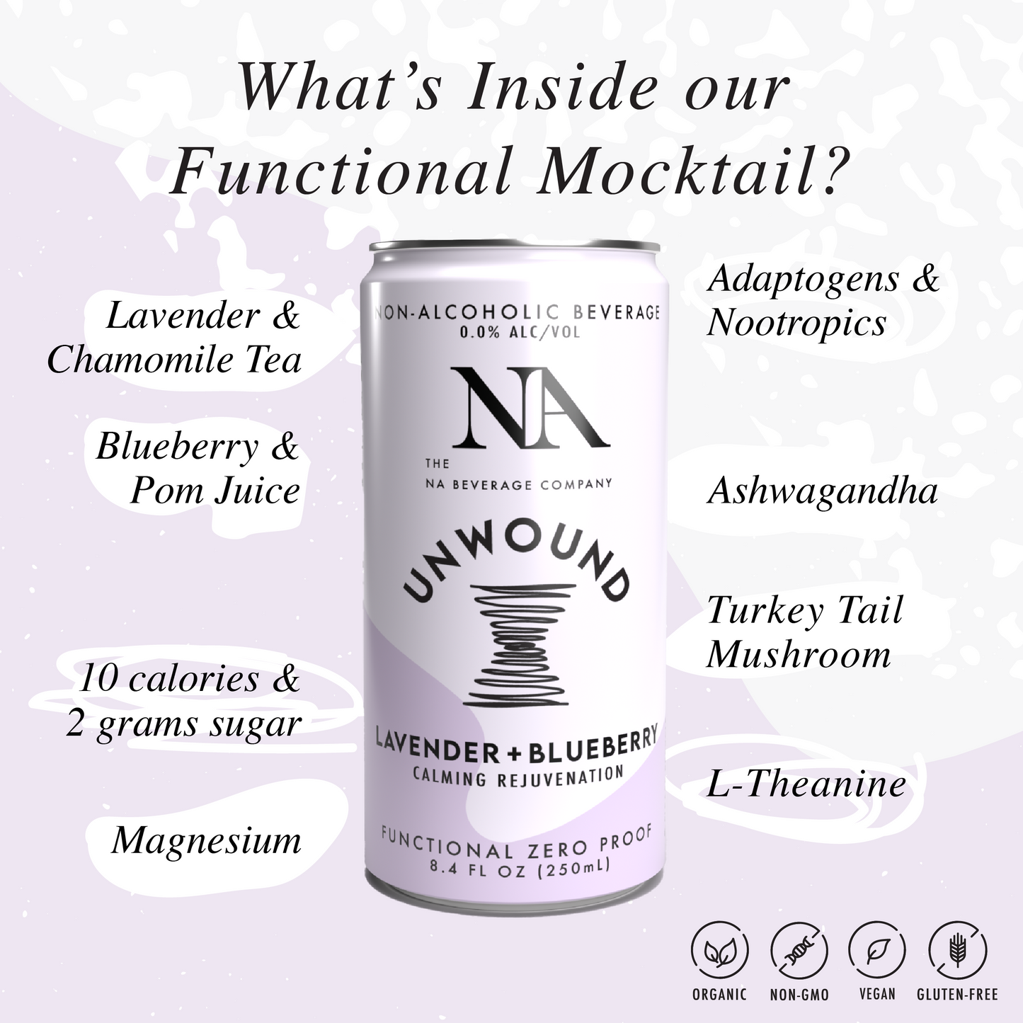 NA Functional Mocktail, Lavender Blueberry, Calming, 8.4oz (12 Pack)
