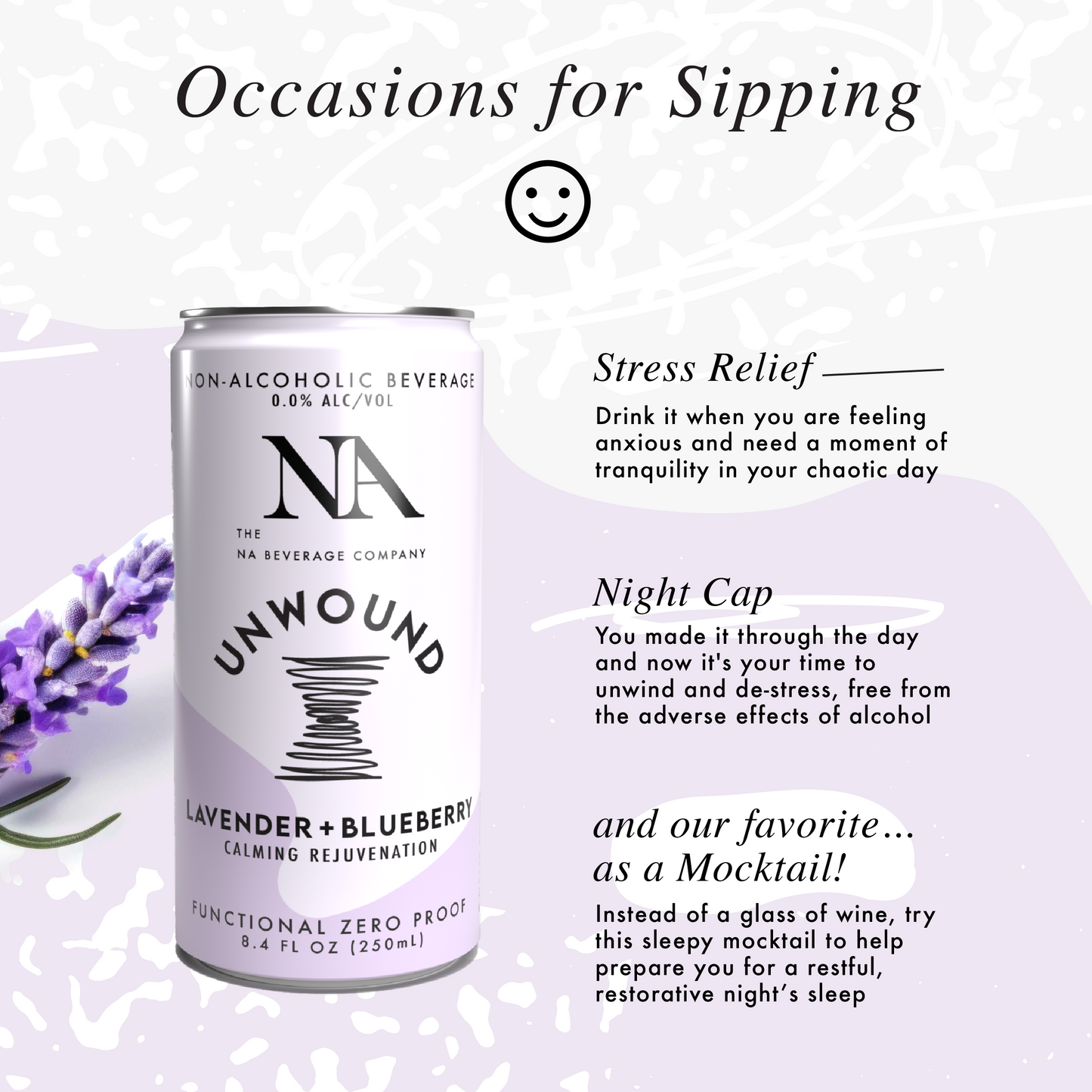 NA Functional Mocktail, Lavender Blueberry, Calming, 8.4oz (12 Pack)