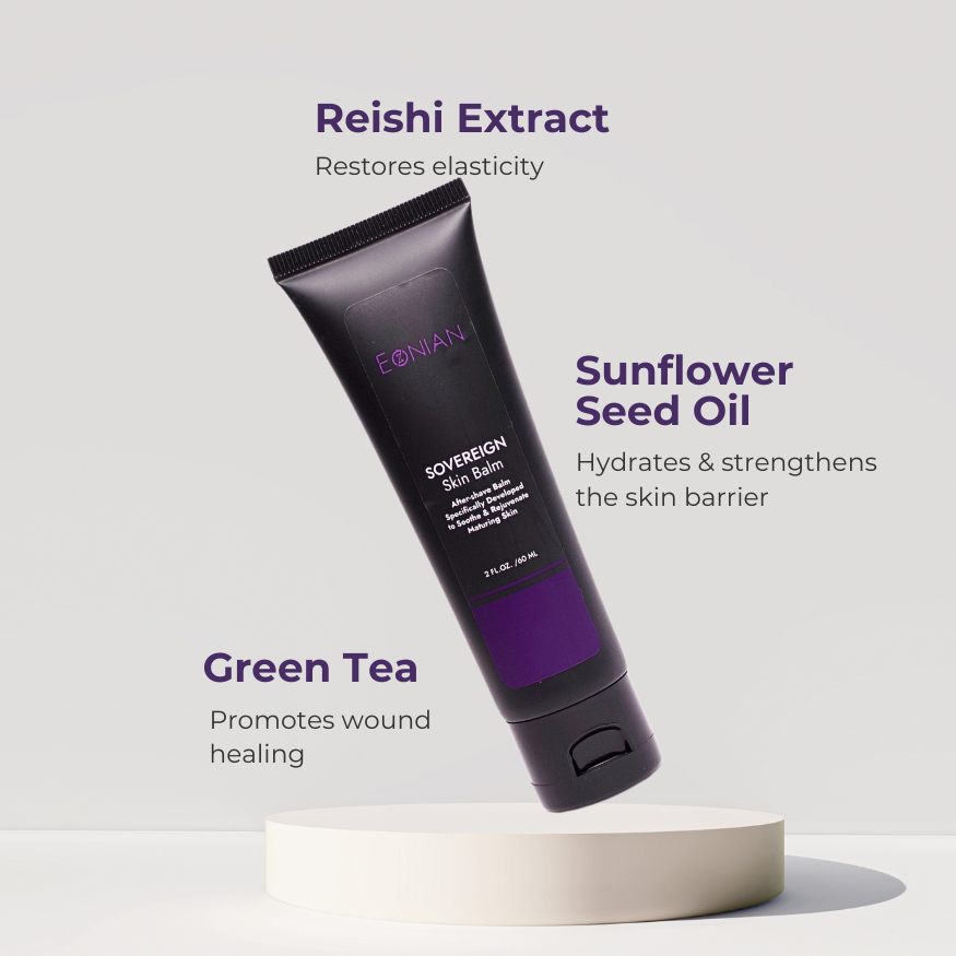 Eonian skincare for men, Soveregin skin balm for aftershave face care with reishi extract, sunflower seed oil, and green tea