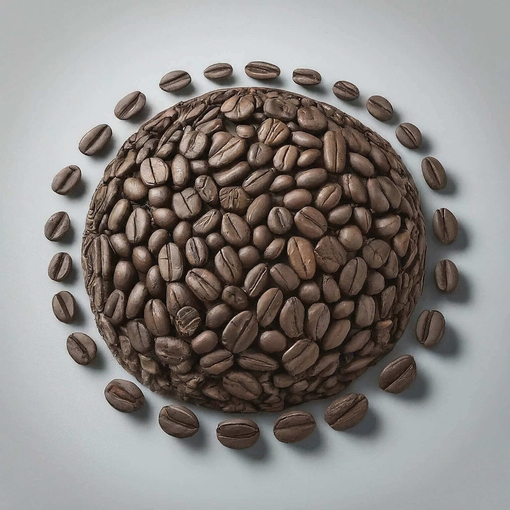 
                      
                        Brazil Pearl coffee beans arranged in a circular pattern showcasing their bold, nutty flavor and smooth texture.
                      
                    