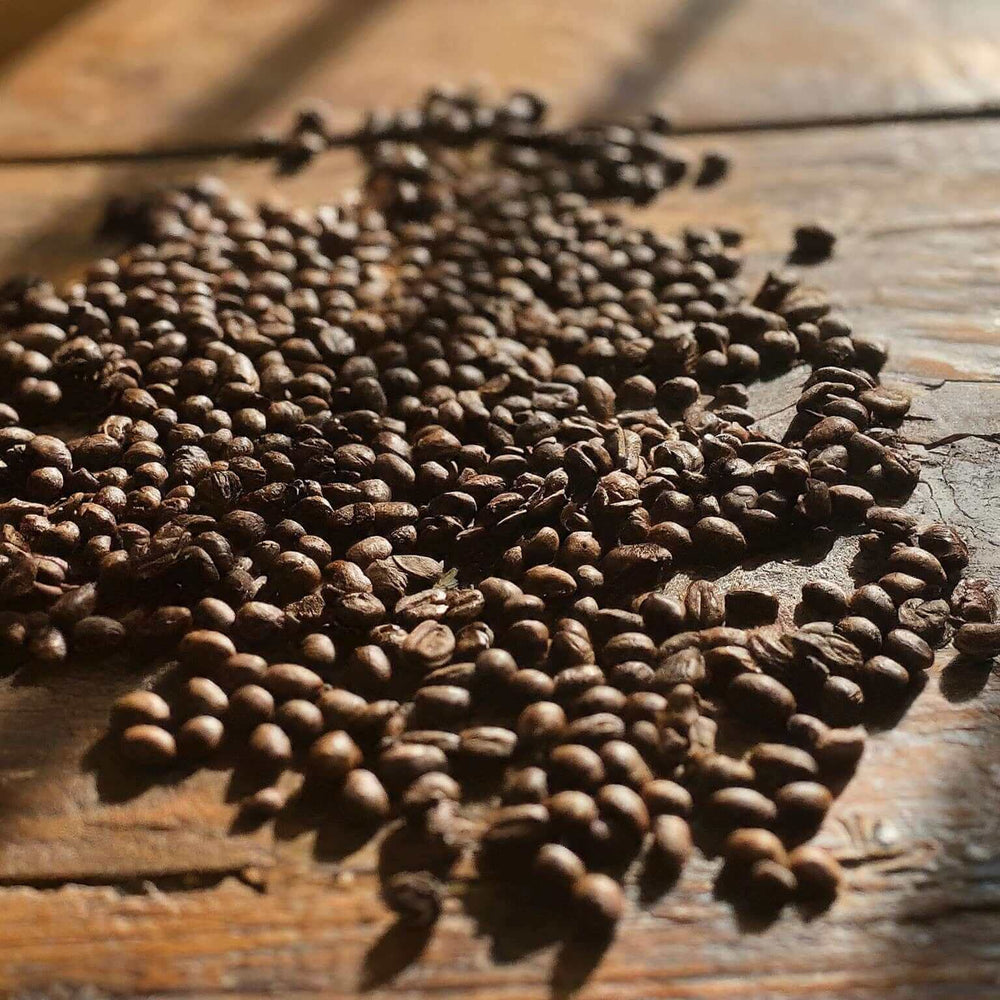 Rich Brazil Pearl coffee beans scattered on a rustic wooden table, highlighting bold, nutty flavors and a smooth finish.