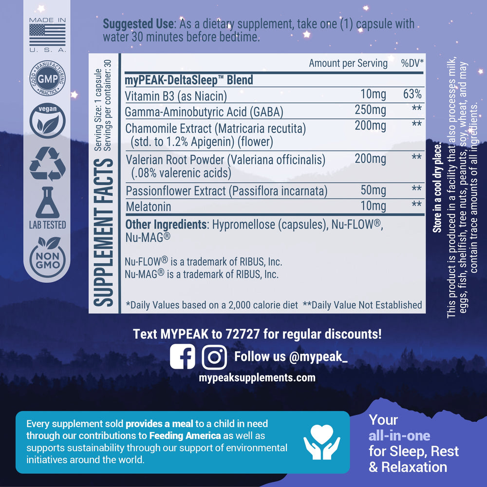 
                      
                        myPEAK DeltaSleep: All Natural Sleep Aid and Deep Sleep Cycle Optimizer with Natural Melatonin, Valerian Root, Chamomile, Passionflower, & GABA Sleep Supplement, Supports Faster, Deeper, Longer Sleep & Non-Habit Forming Ingredients.
                      
                    