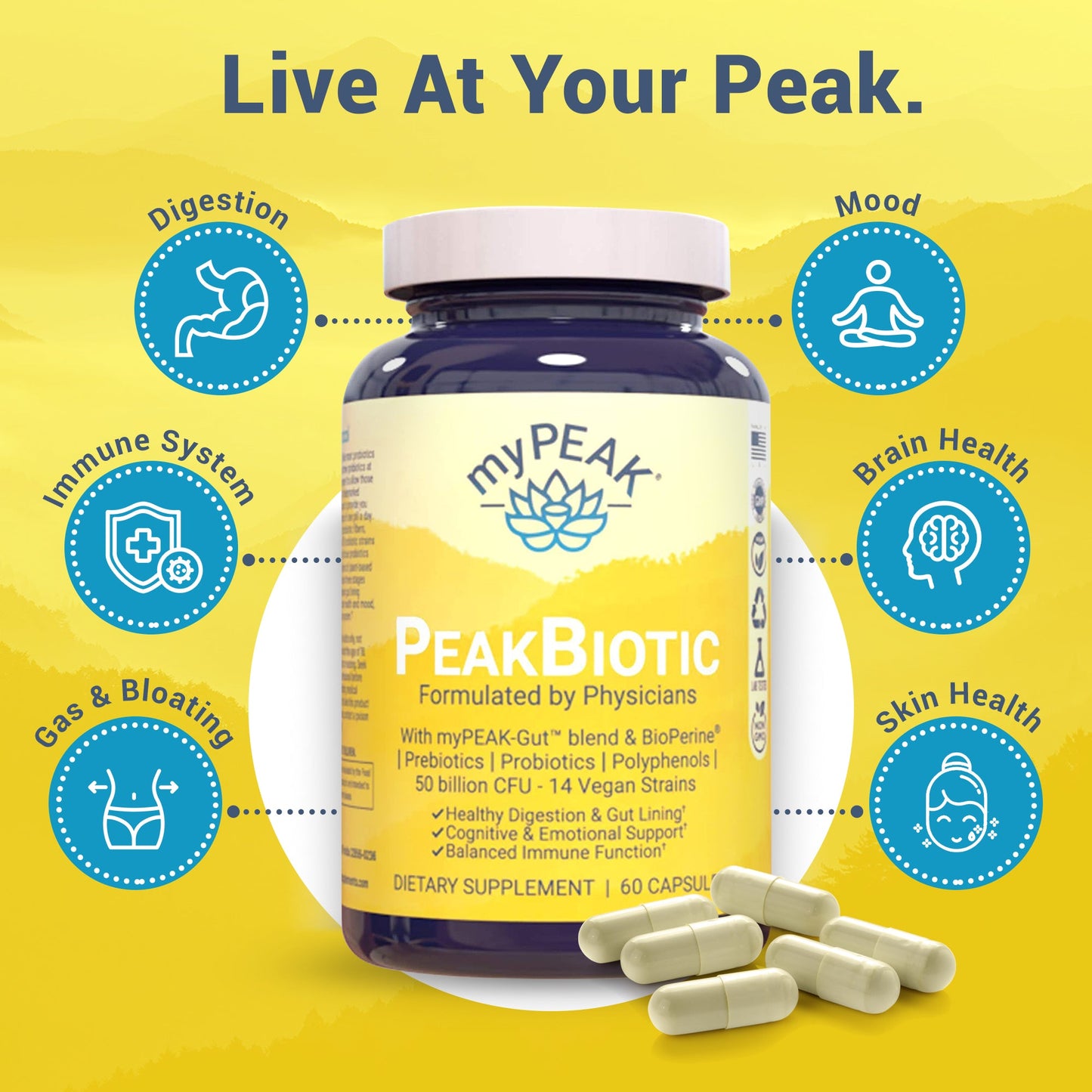 myPEAK PeakBiotic: The Best Vegan Probiotic Prebiotic Supplement for Women and Men to Support Reduced Gas & Bloating, Optimal Gut Health, Mood, Digestion, Immunity, Weight, Skin, Brain Health & Regular Bowel Movements Benefits.