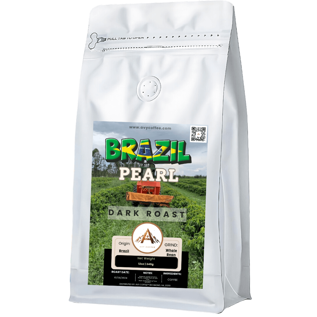 Brazil Pearl coffee, dark roast from Daterra Estate, showcasing bold, nutty flavors and a smooth, clean finish.