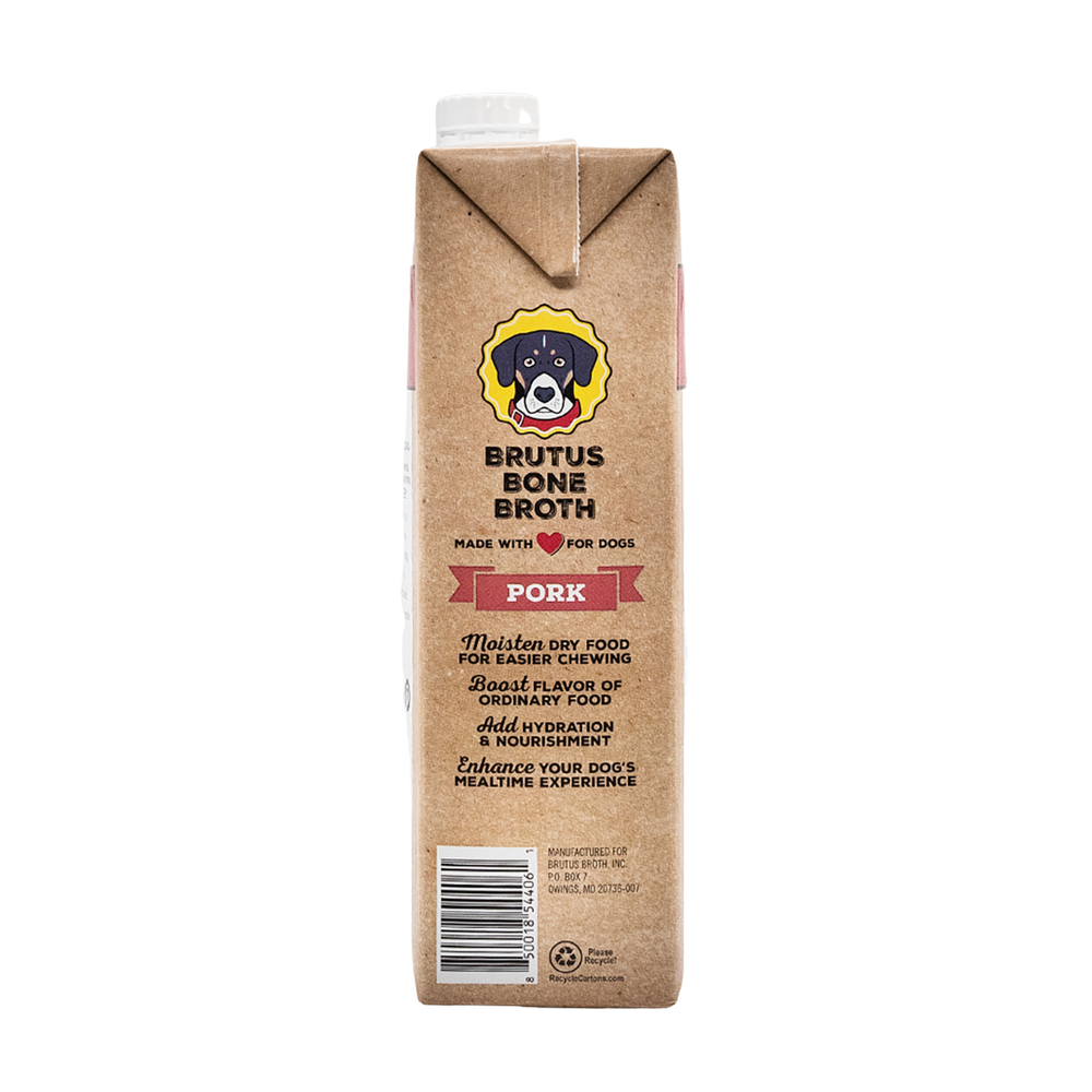 
                      
                        Brutus Bone Broth - Pork Flavor side of box with benefits. Moisten dry food for easier chewing, Boost flavor of ordinary food, Add hydration & nourishment, Enhance your dog's mealtime experience
                      
                    