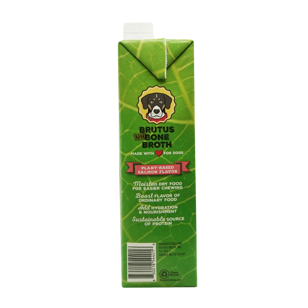 
                      
                        Vegetable Salmon-Flavored Brutus Un-Bone Broth side of box with benefits. Moisten dry food for easier chewing, Boost flavor of ordinary food, Add hydration & nourishment, Enhance your dog's mealtime experience
                      
                    