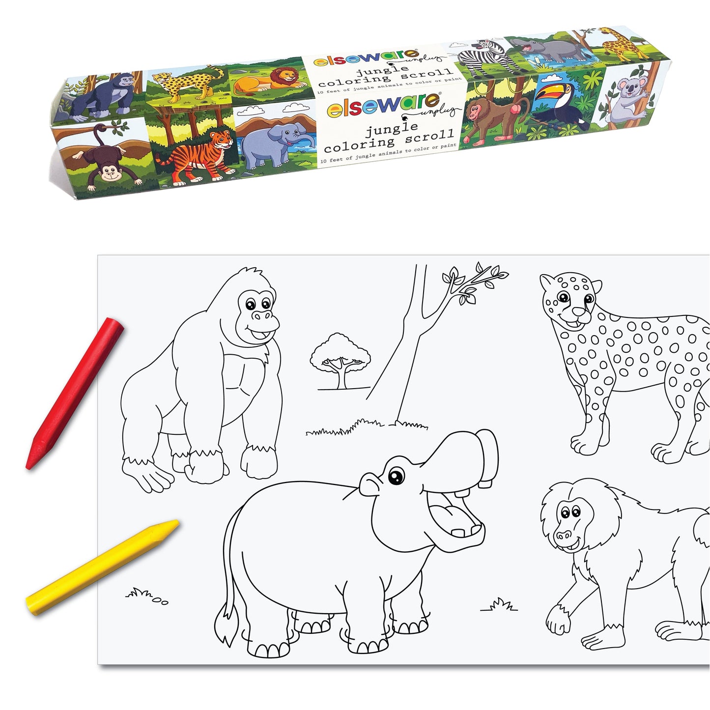 Elseware Unplug Jungle Coloring Scroll featuring a 10-foot roll of jungle-themed illustrations, including a gorilla, hippo, cheetah, and lion. The packaging displays colorful images of various jungle animals in their natural habitats. A partially unrolled section reveals black-and-white drawings ready to be colored with the included red and yellow crayons. This eco-friendly, engaging coloring activity encourages creativity and exploration of the animal kingdom.