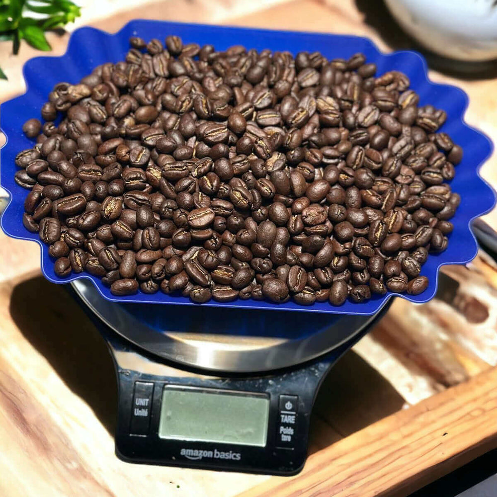 Gourmet Fancy Tanzania coffee beans in a blue scalloped bowl on a digital scale, showcasing medium-dark roast with rich aroma.