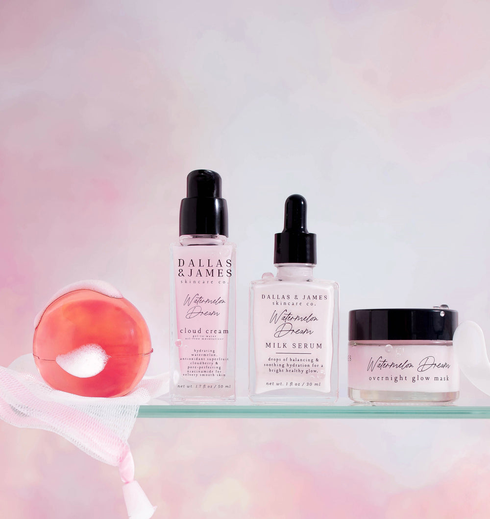 Dallas & James Skincare Co. Watermelon Dream Starter Kit Bundle: Jelly Ball Cleanser 3.5 oz, Milk Serum 1 oz, Overnight Glow Mask 1.7 oz, & Cloud Cream 1.7 oz