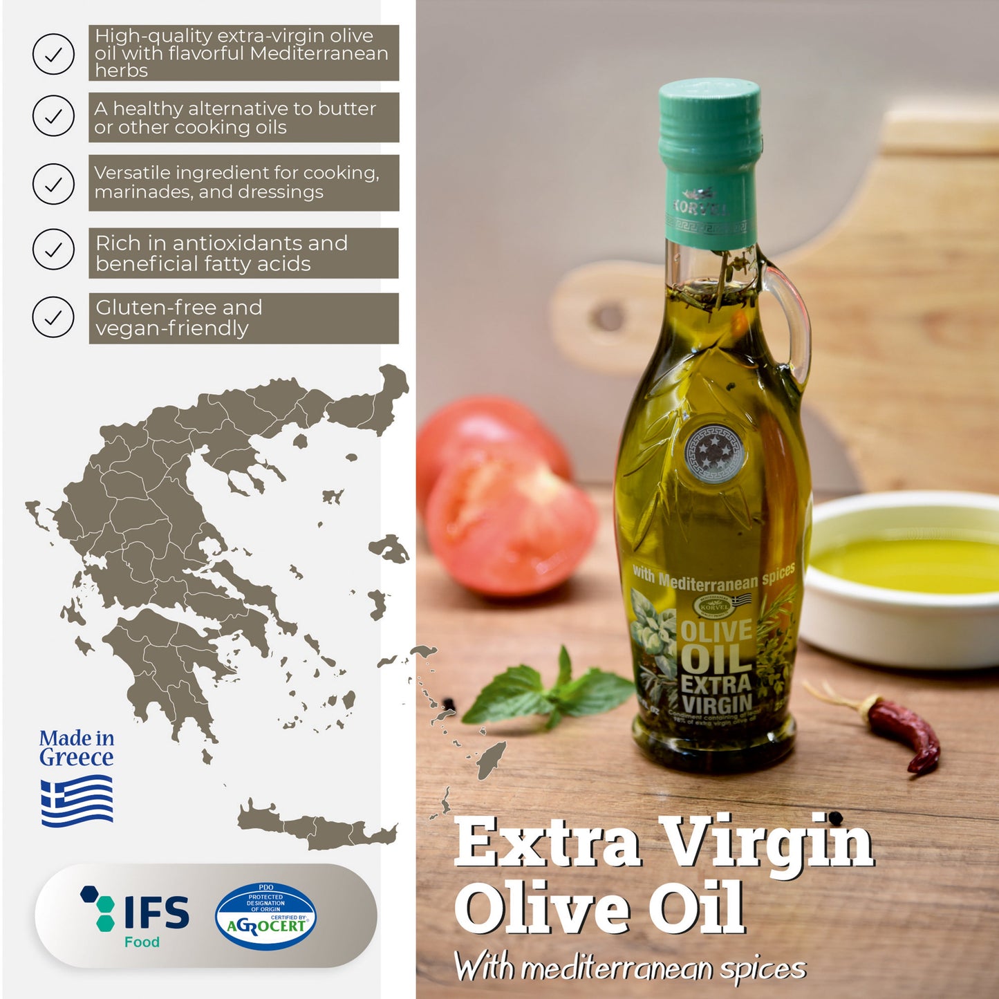 KORVEL Greek Extra Virgin Olive Oil with Mediterranean herbs, Amphora 8.45 fl oz (250ml) - 2 pack - Korvel-Food Inc.