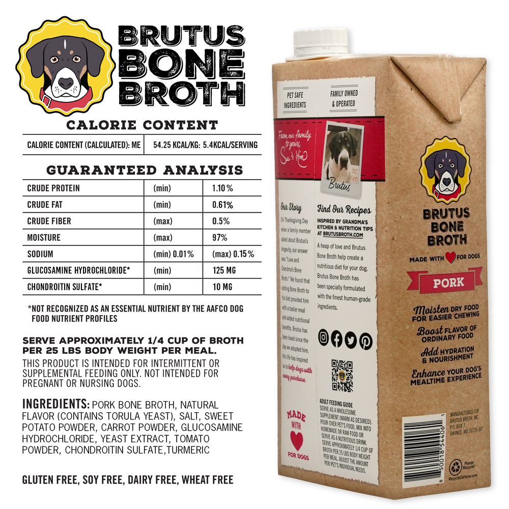 
                      
                        Guaranteed analysis and ingredients of Brutus Bone Broth Pork Flavor. Please reference product description for details
                      
                    