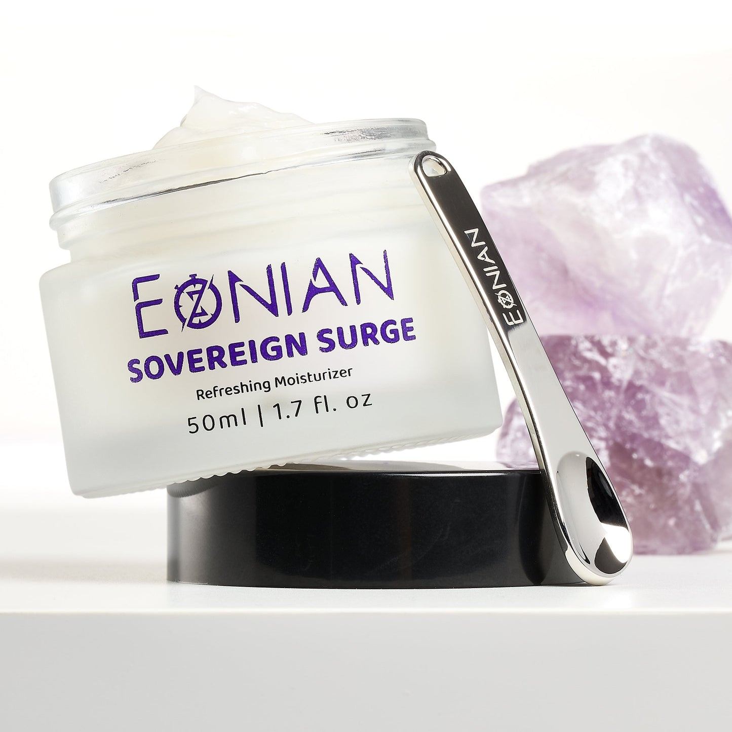 Eonian Skincare Sovereign Surge Moisturizer and Metal Eonian Scoop for easy everyday use. 