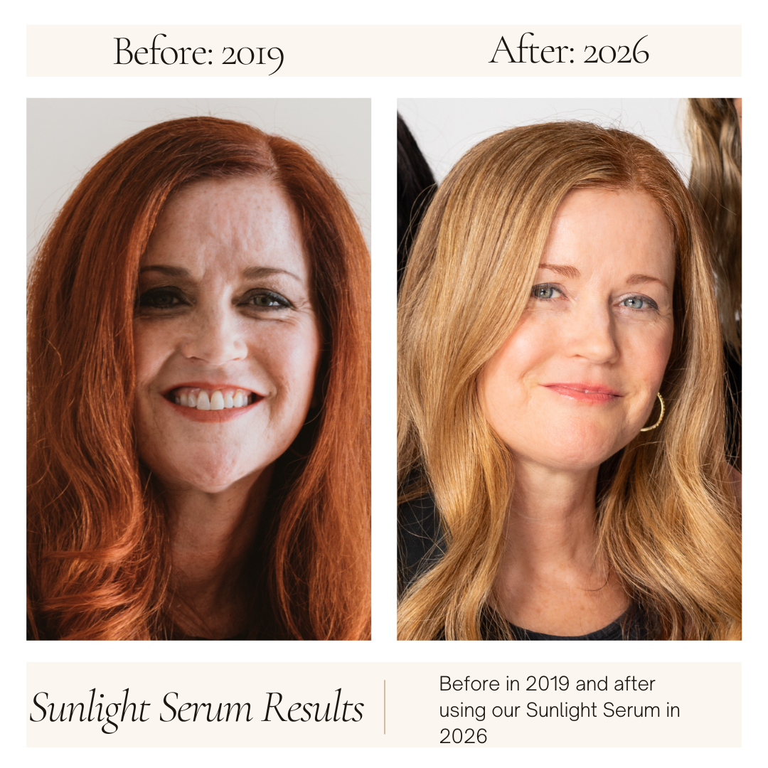 Before and after comparison of a woman's face using Sunlight Serum, with text indicating the years 2019 and 2026.