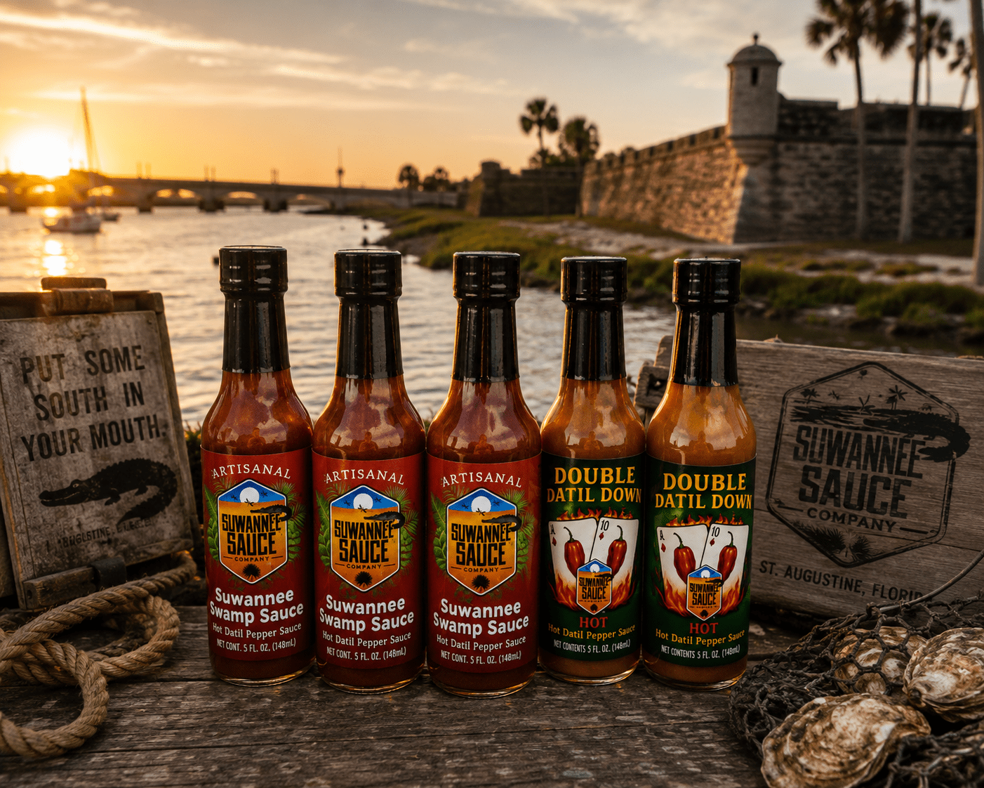 Suwannee Sauce Variety 5 pack 3 bottles of Suwannee Swamp Sauce and 2 bottles of Double Datil Down - Suwannee Sauce Company