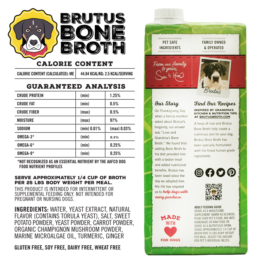 
                      
                        Vegetable Salmon-Flavored Brutus Un-Bone Broth Guaranteed Analysis. Please reference product description for details.
                      
                    